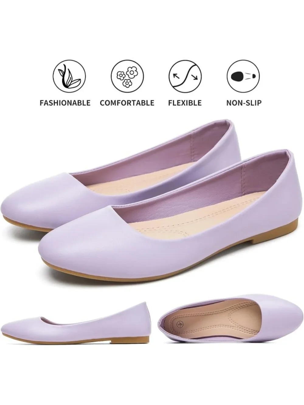 Women Light Purple PU Leather Close Toe Comfortable Flexible Slip On Ballet Flat